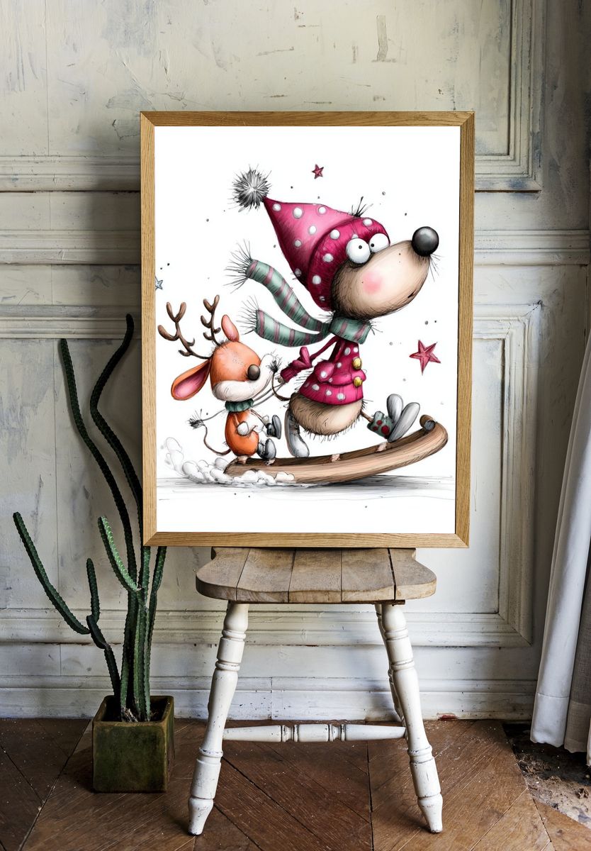 Winter Reindeer and Mouse Illustration Poster. — room view 1