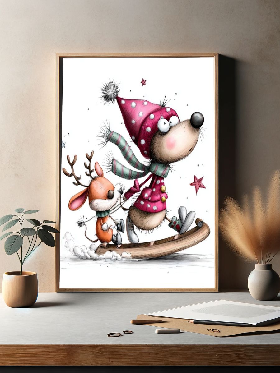 Winter Reindeer and Mouse Illustration Poster. — room view 2