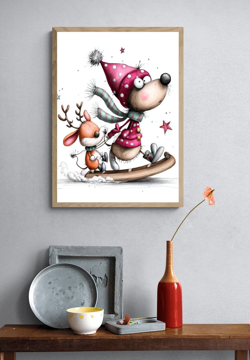 Winter Reindeer and Mouse Illustration Poster. — room view 3