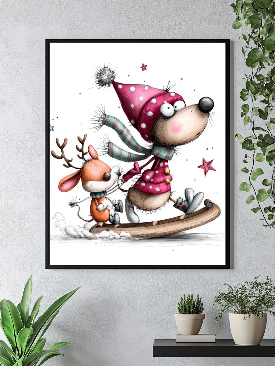 Winter Reindeer and Mouse Illustration Poster. — room view 4