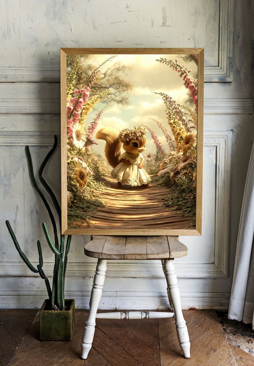 Whimsical Squirrel Garden Print. — room view 1