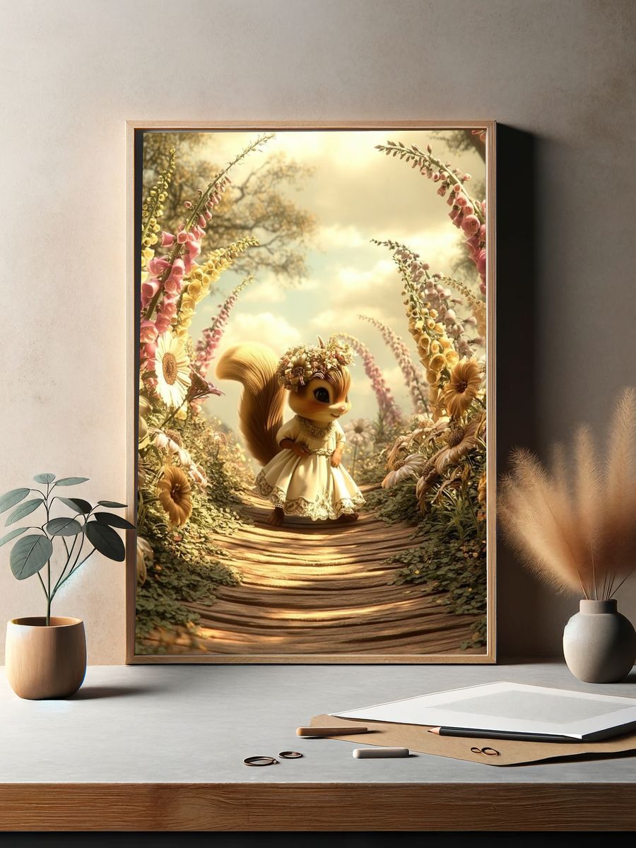 Whimsical Squirrel Garden Print. — room view 2