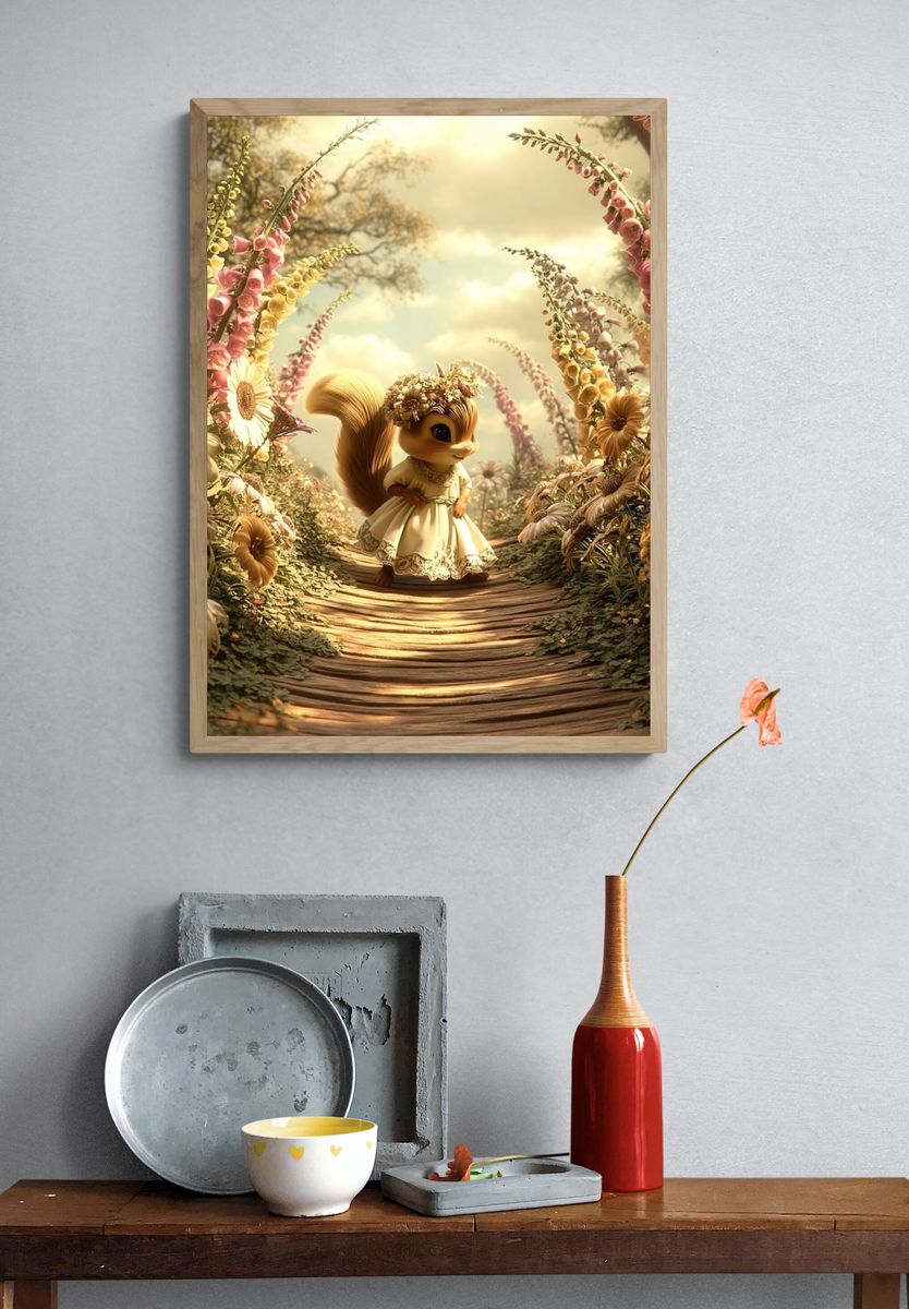 Whimsical Squirrel Garden Print. — room view 3