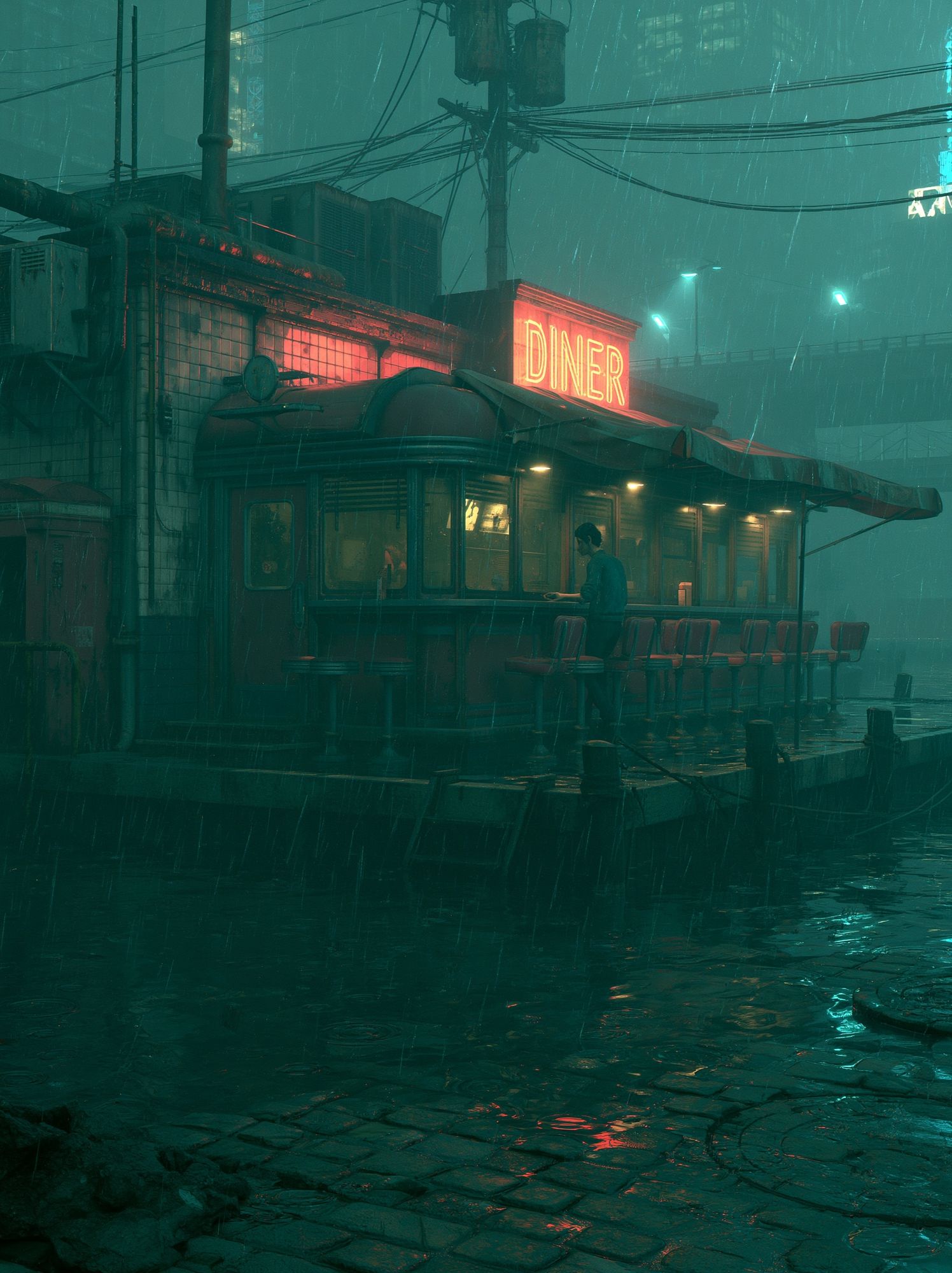 Rainy Neon Diner — Cyberpunk Print. poster detail