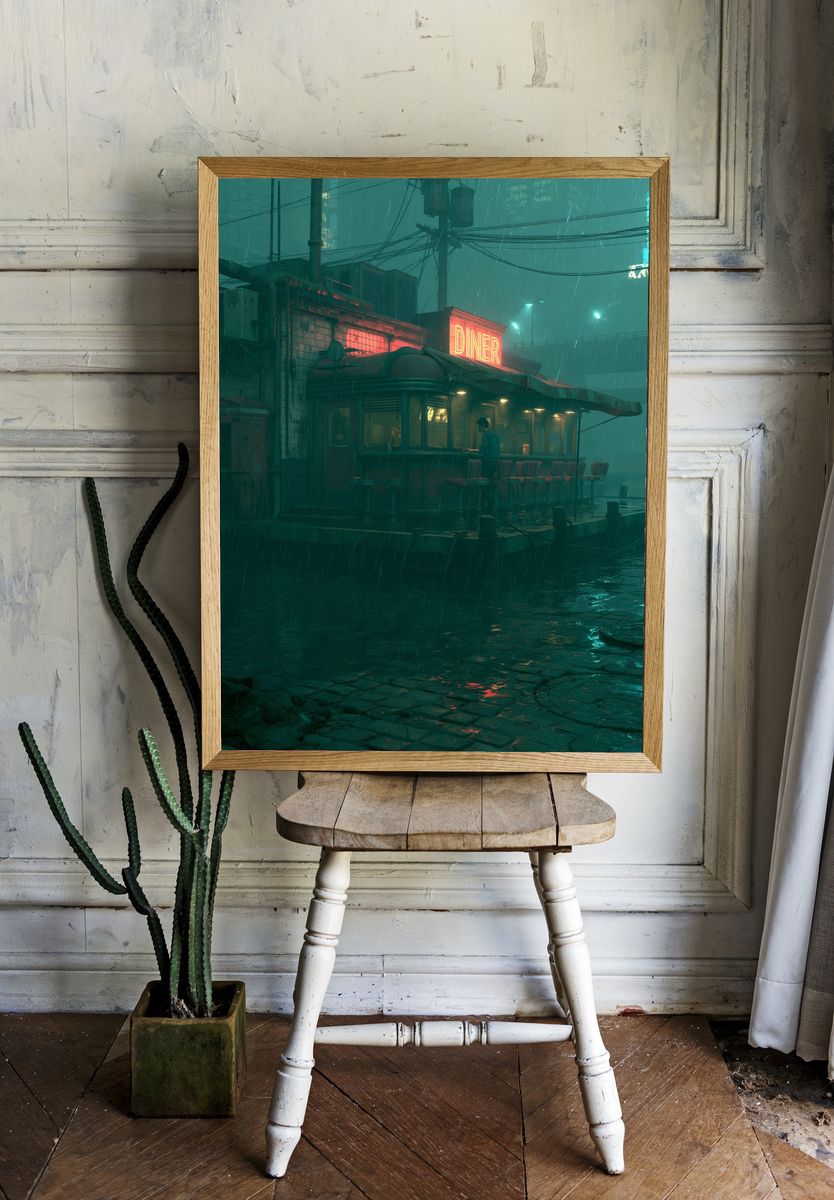 Rainy Neon Diner — Cyberpunk Print. — room view 1