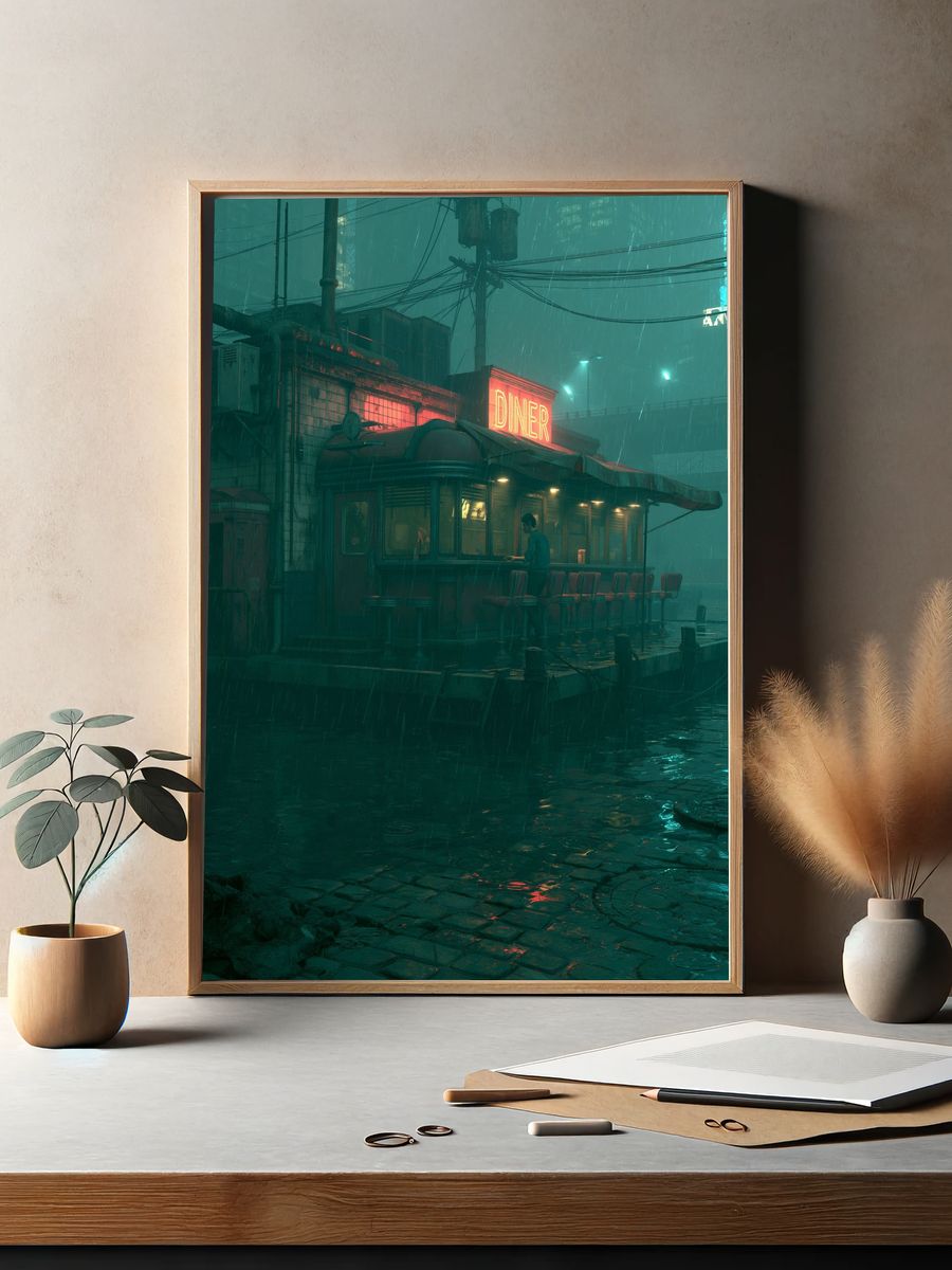 Rainy Neon Diner — Cyberpunk Print. — room view 2