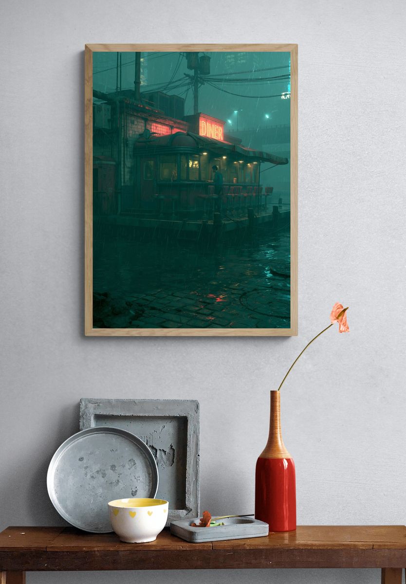 Rainy Neon Diner — Cyberpunk Print. — room view 3