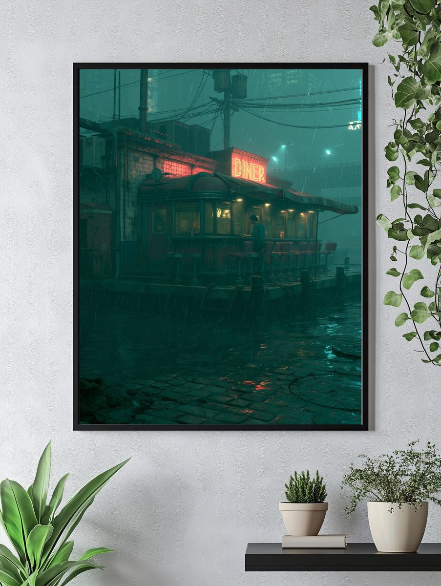 Rainy Neon Diner — Cyberpunk Print. — room view 4
