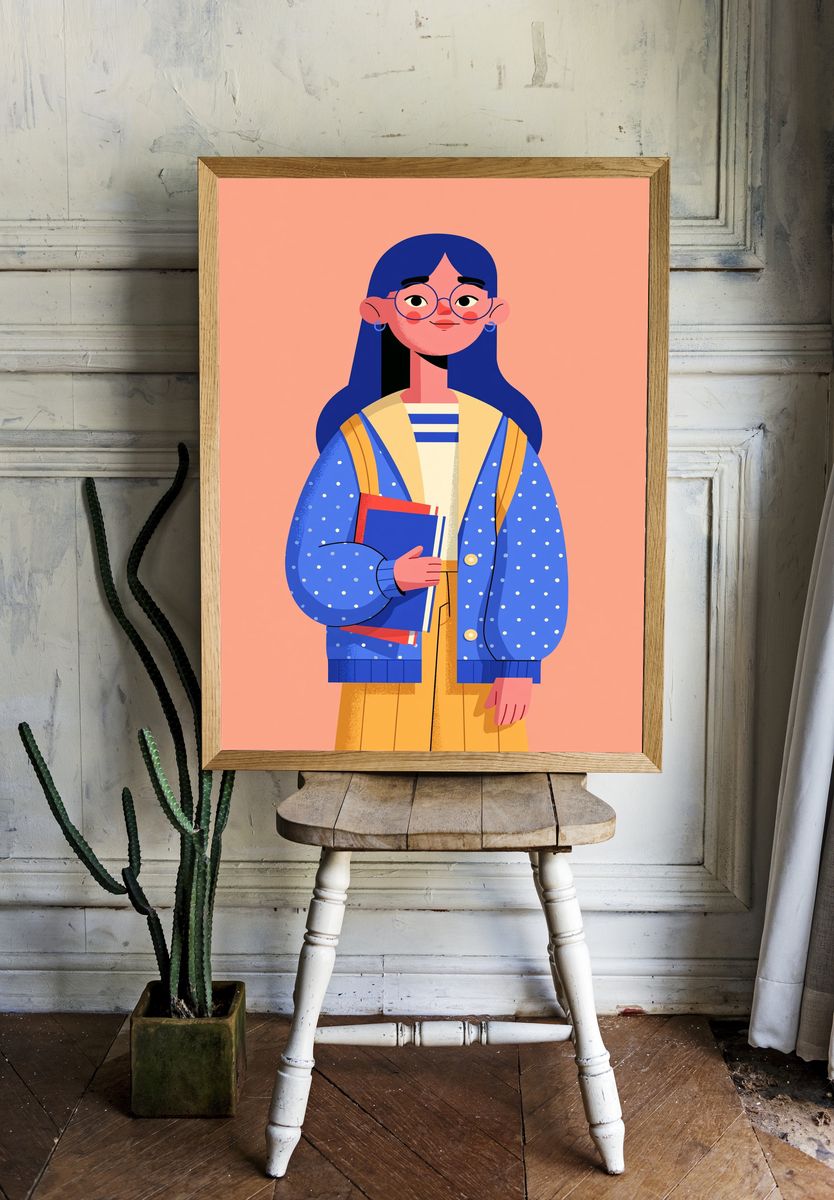 Girl with Books Illustration Poster. room preview