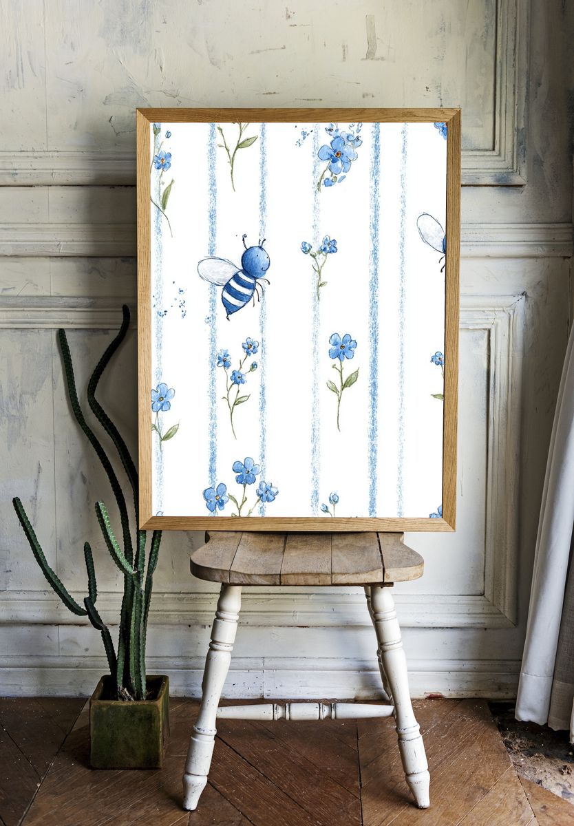 Blue Bees and Flowers Watercolor Print. — room view 1