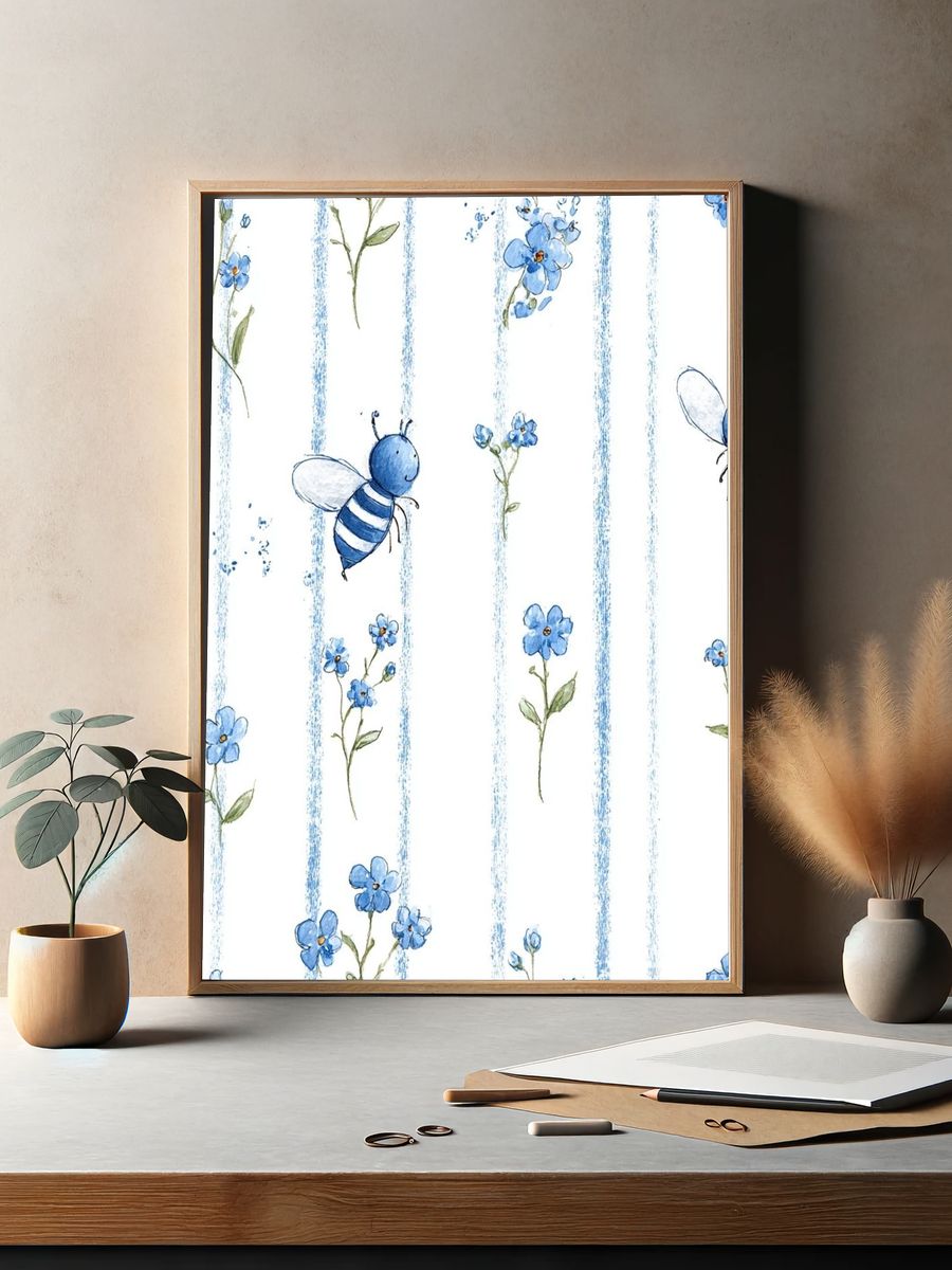 Blue Bees and Flowers Watercolor Print. — room view 2