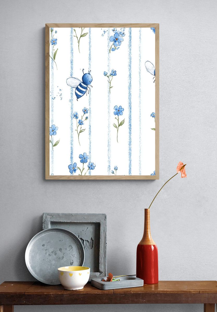Blue Bees and Flowers Watercolor Print. — room view 3