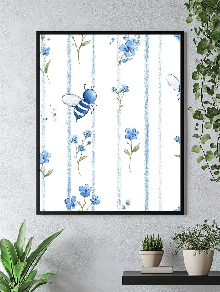Blue Bees and Flowers Watercolor Print. — room view 4