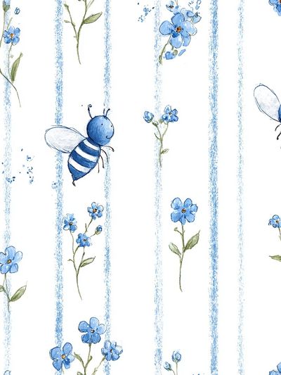 Blue Bees and Flowers Watercolor Print. poster print