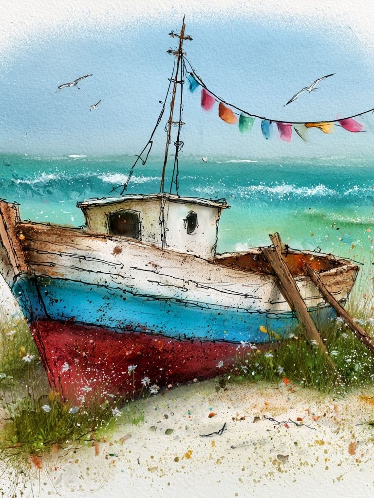 Coastal Fishing Boat Watercolor Poster. poster detail