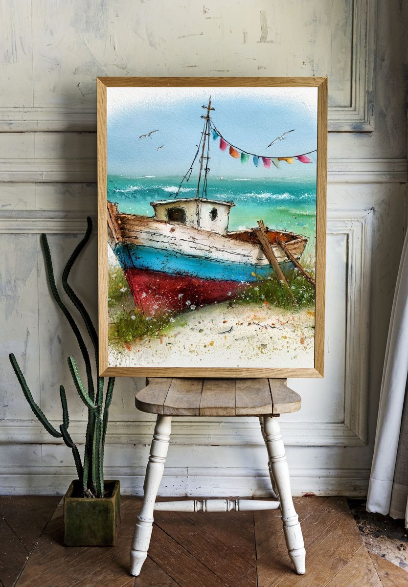 Coastal Fishing Boat Watercolor Poster. — room view 1