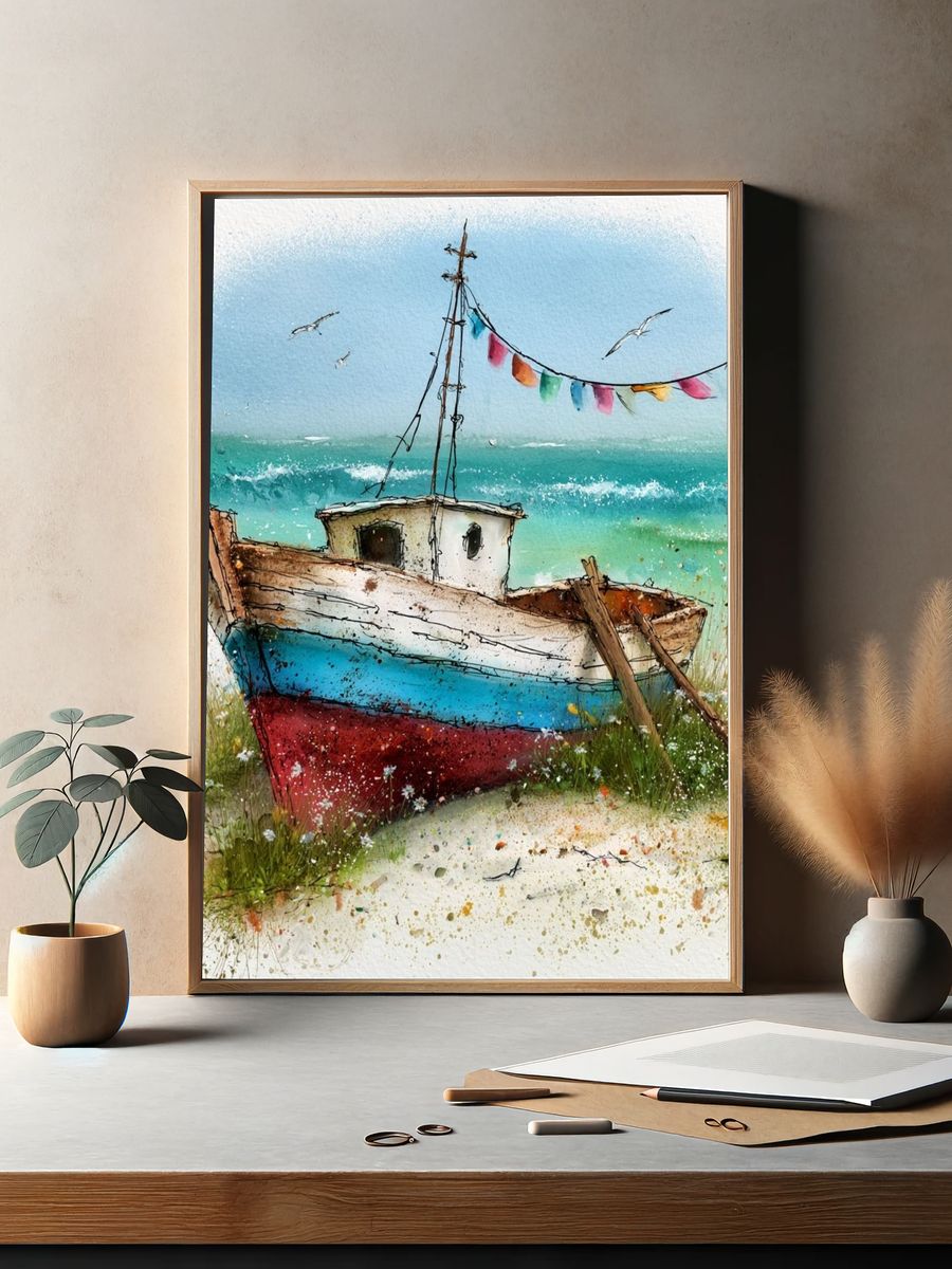 Coastal Fishing Boat Watercolor Poster. — room view 2