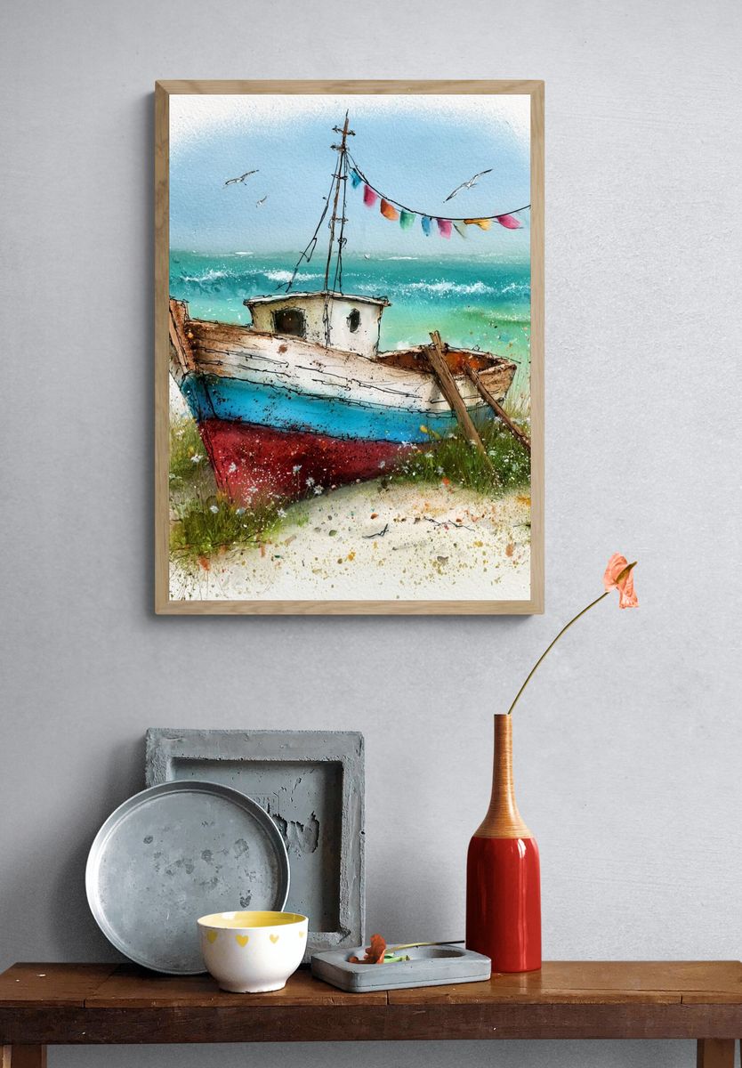 Coastal Fishing Boat Watercolor Poster. — room view 3