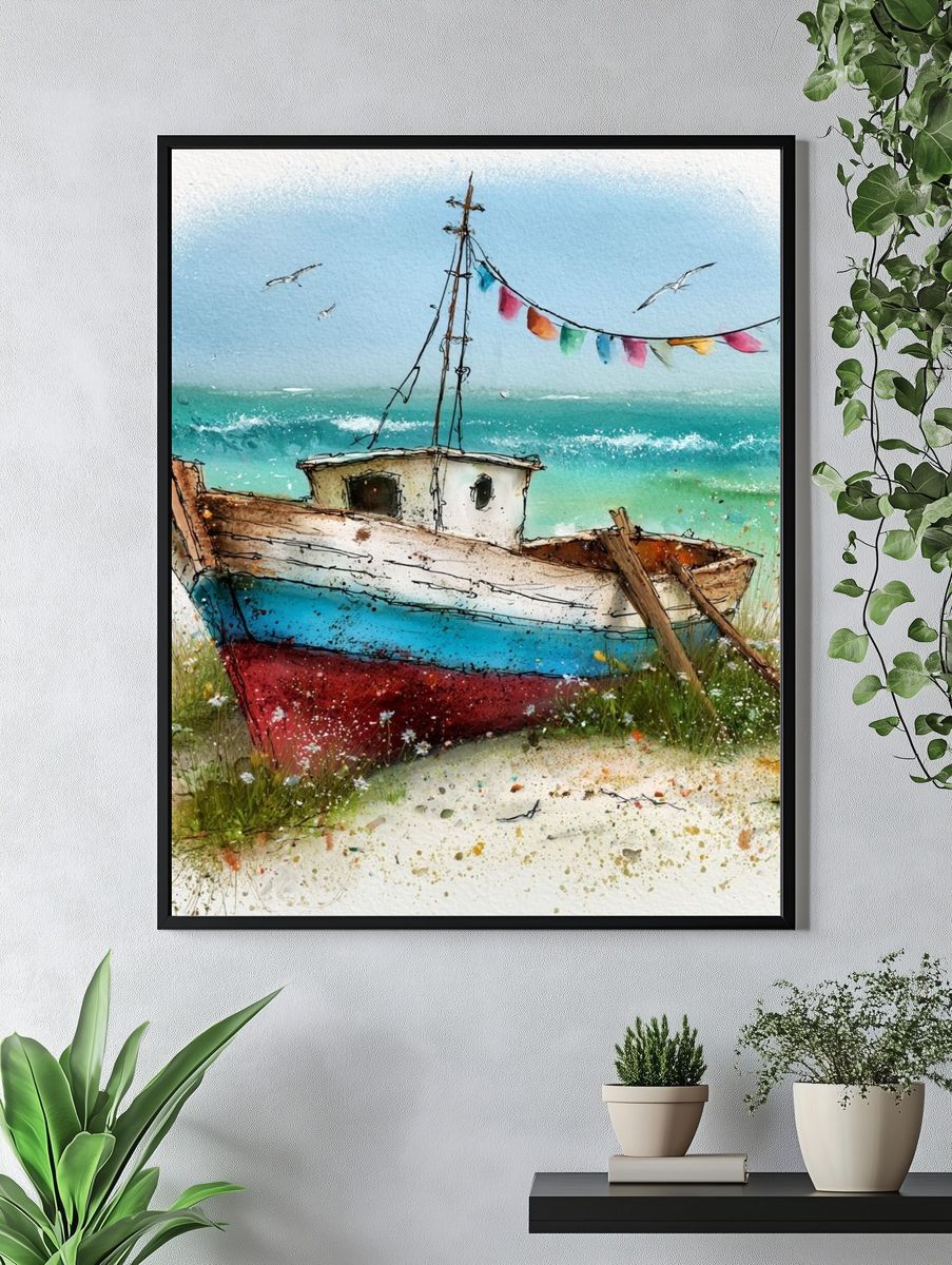 Coastal Fishing Boat Watercolor Poster. — room view 4
