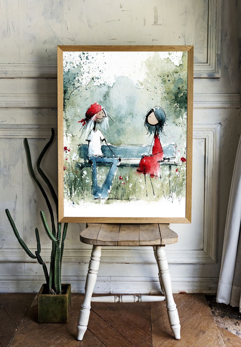 Couple on Bench Watercolor Print. room preview