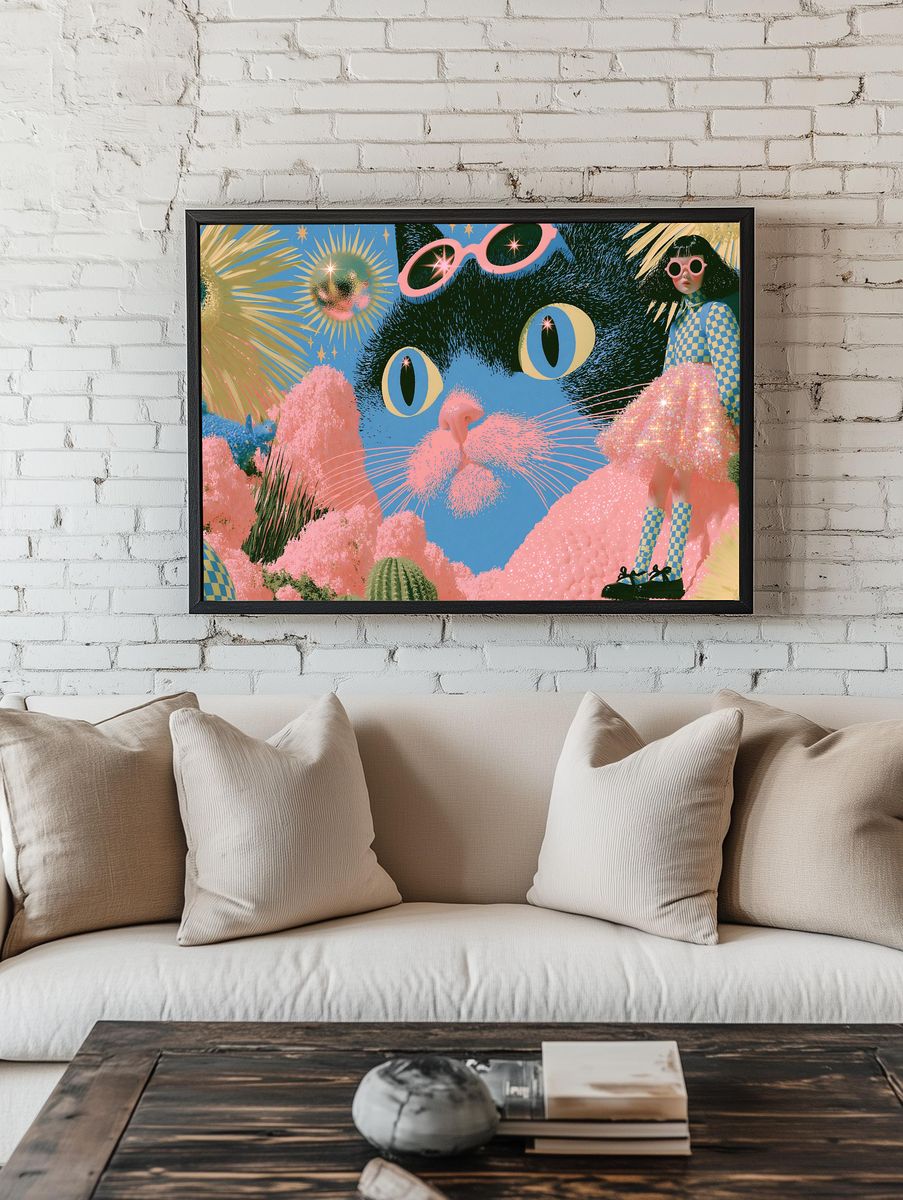 Surreal Cat Dreamscape Illustration Poster. room preview
