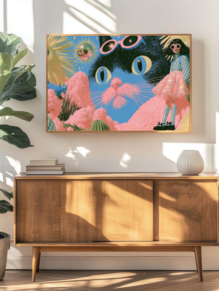Surreal Cat Dreamscape Illustration Poster. — room view 3