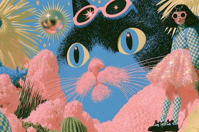 Surreal Cat Dreamscape Illustration Poster.