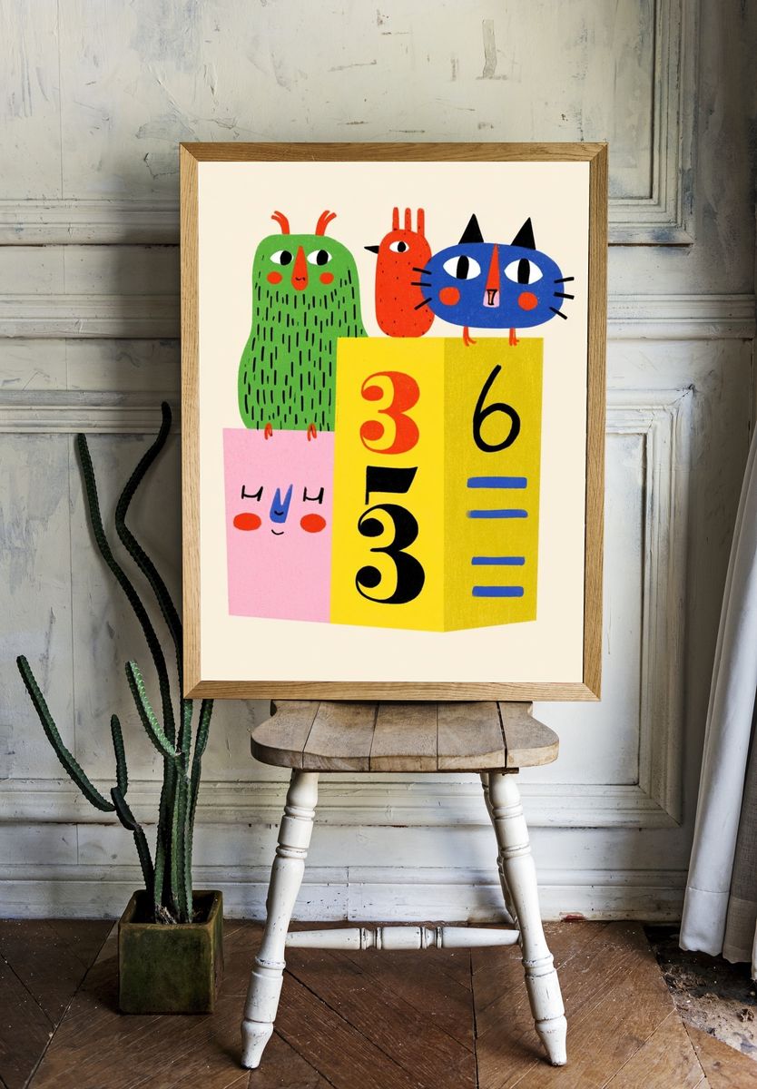 Playful Cat and Friends Illustration Poster. room preview