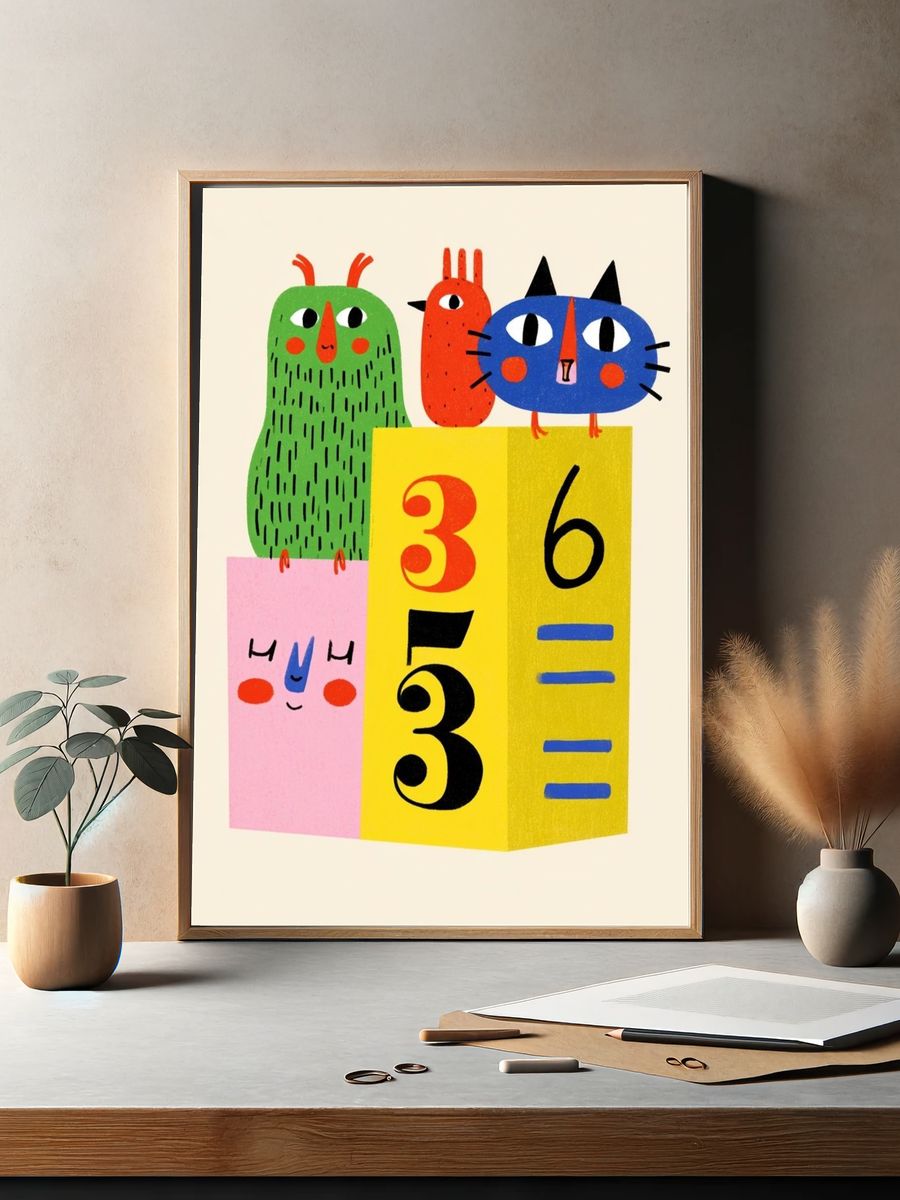 Playful Cat and Friends Illustration Poster. — room view 2