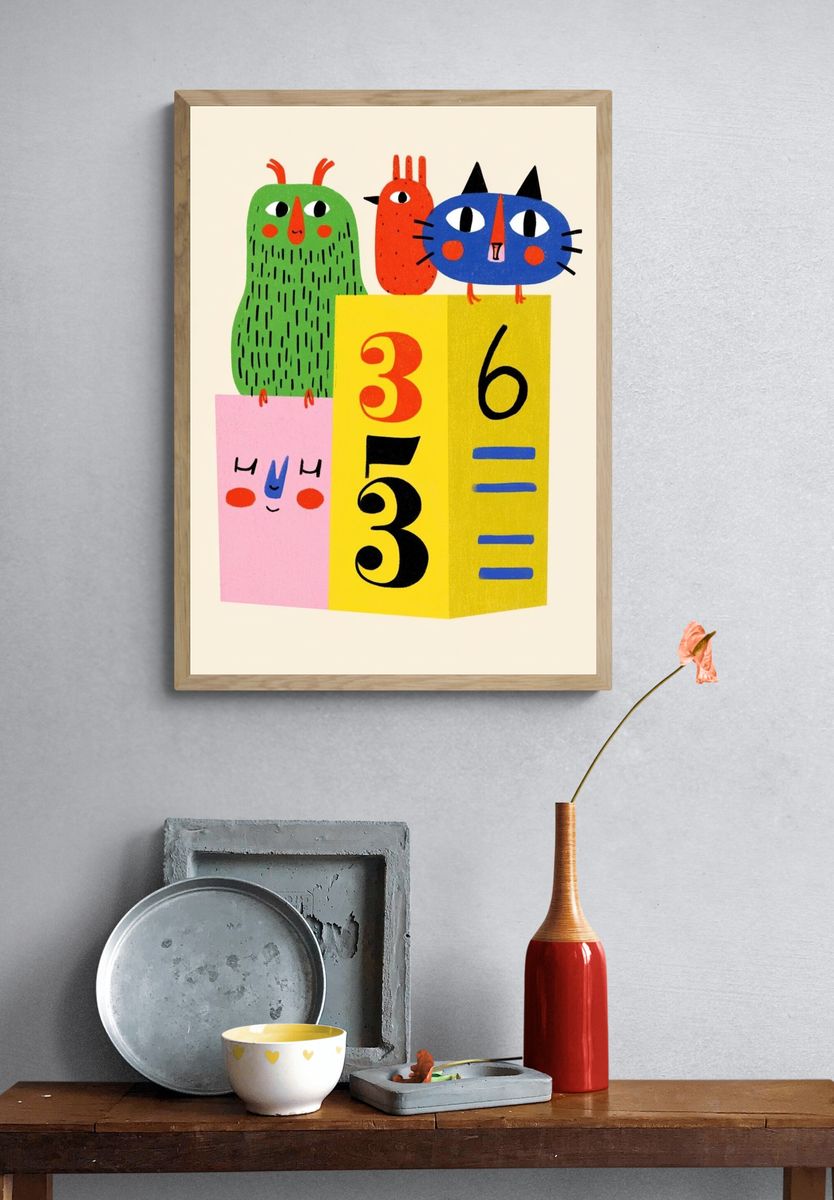 Playful Cat and Friends Illustration Poster. — room view 3