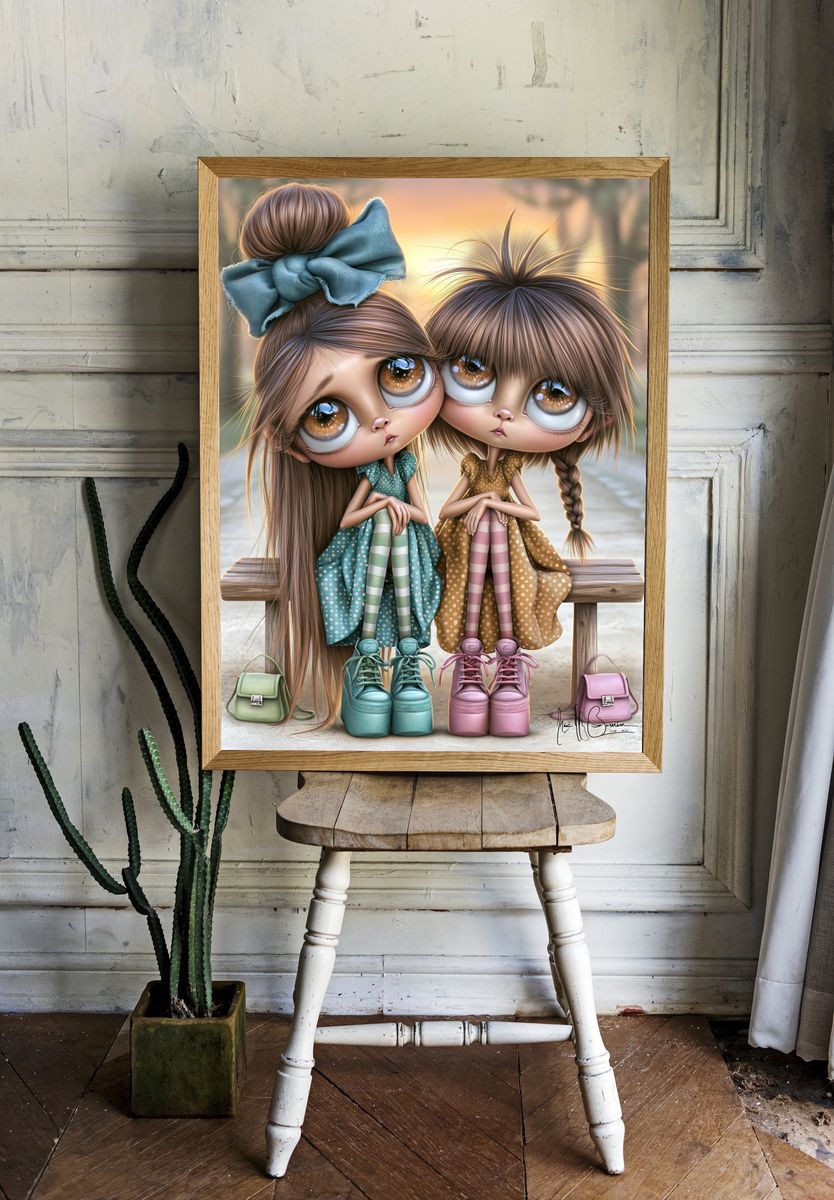 Whimsical Doll Sisters Illustration Poster. room preview