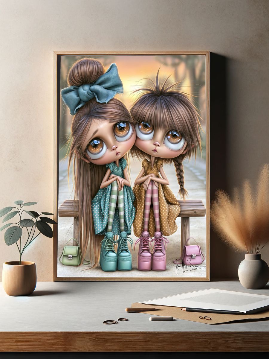 Whimsical Doll Sisters Illustration Poster. — room view 2