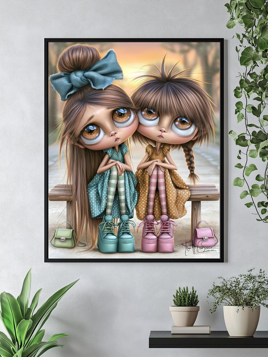 Whimsical Doll Sisters Illustration Poster. — room view 4