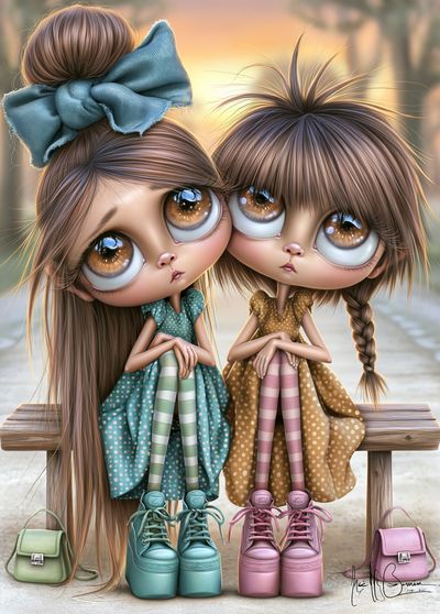Whimsical Doll Sisters Illustration Poster.