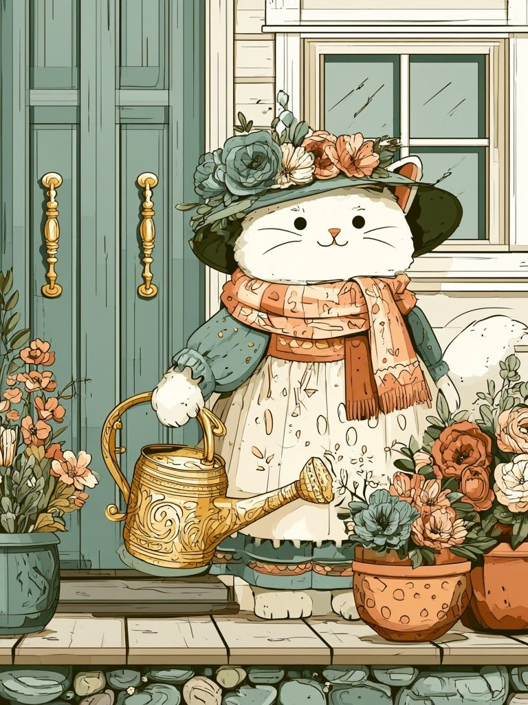 Floral Cat Gardener Illustration Poster. poster — illustration art