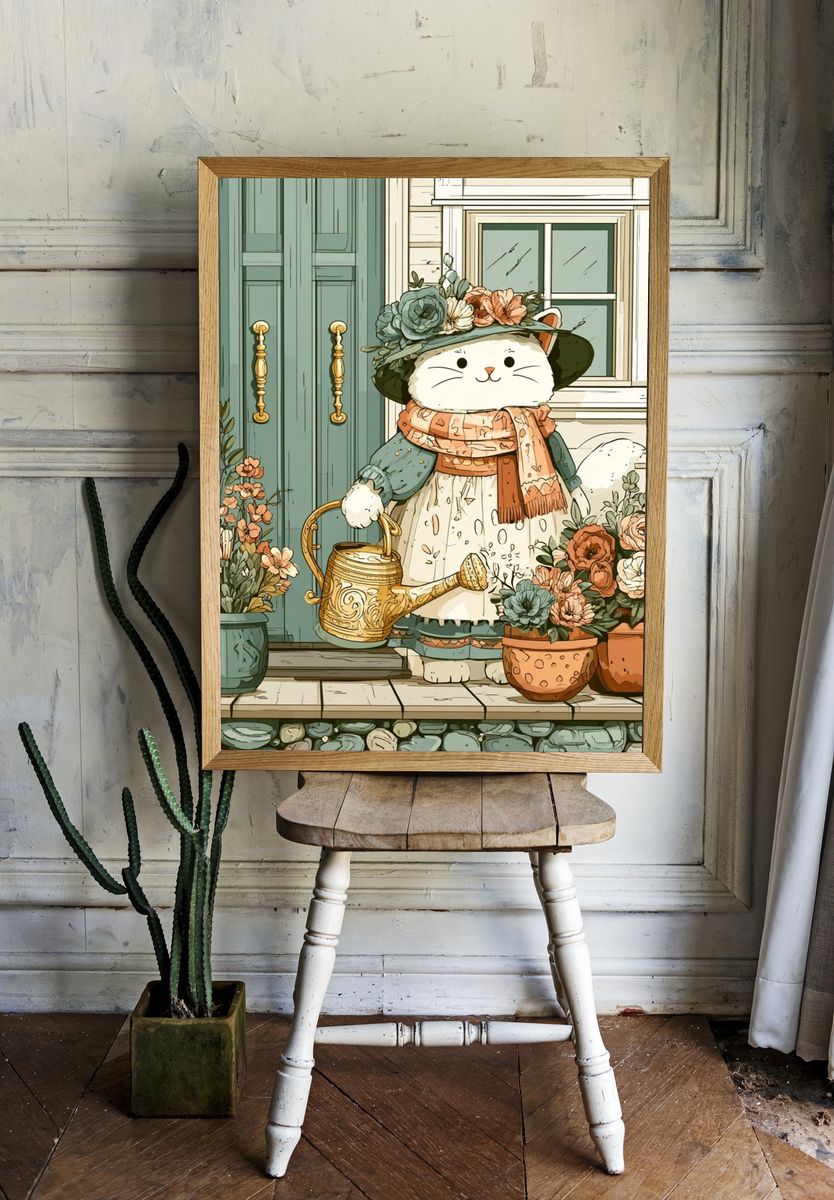 Floral Cat Gardener Illustration Poster. room preview