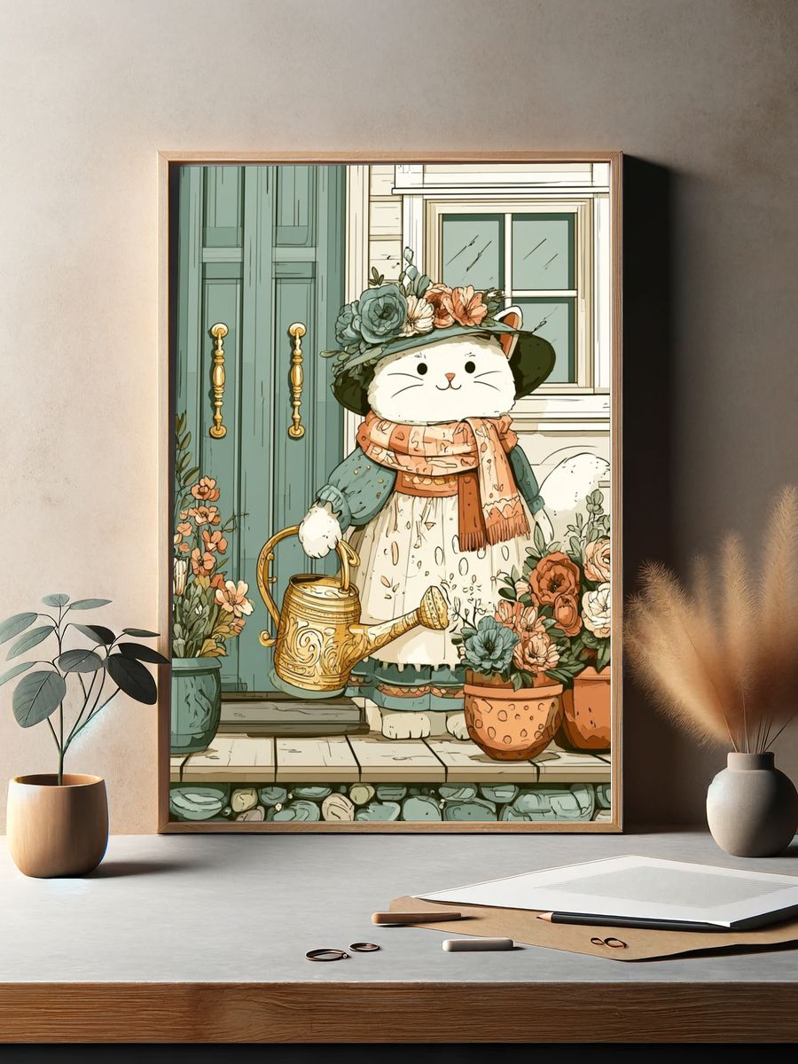 Floral Cat Gardener Illustration Poster. — room view 2