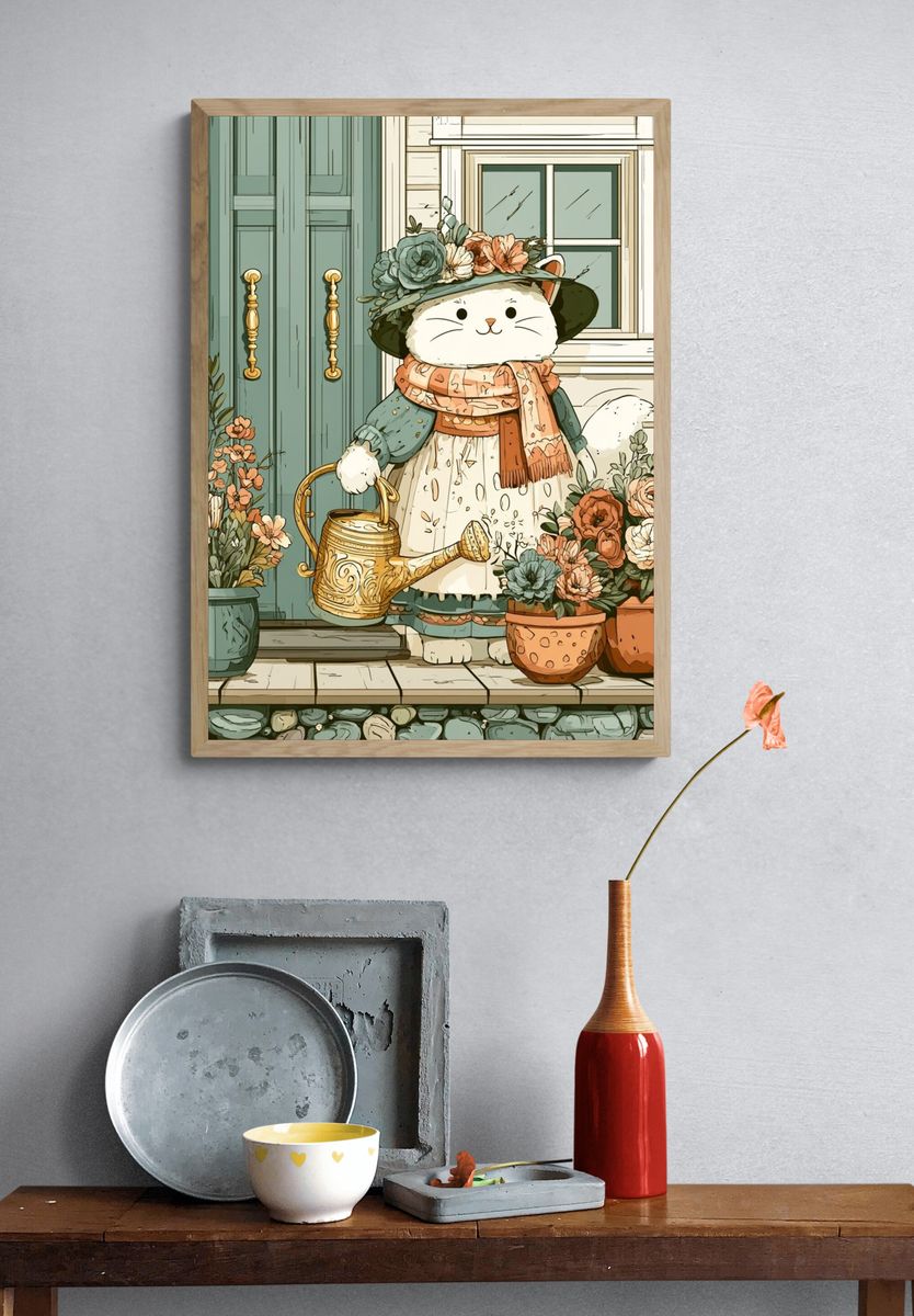 Floral Cat Gardener Illustration Poster. — room view 3