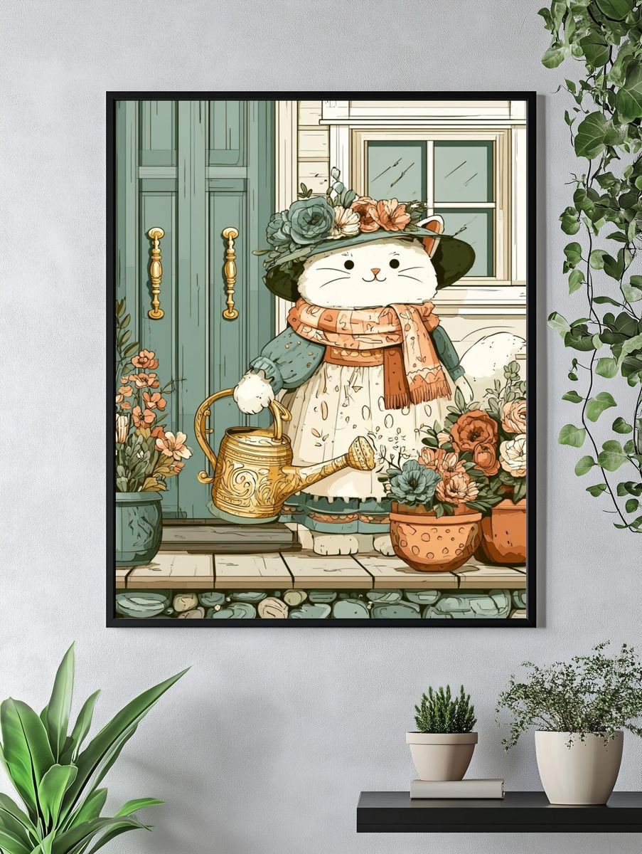 Floral Cat Gardener Illustration Poster. — room view 4