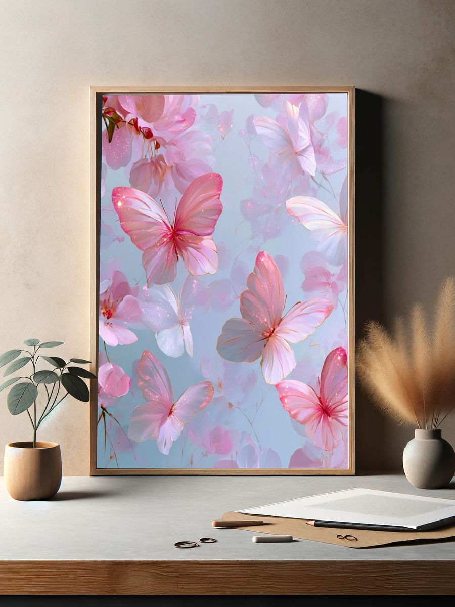 Pink Butterfly Blossom Illustration Poster. — room view 2