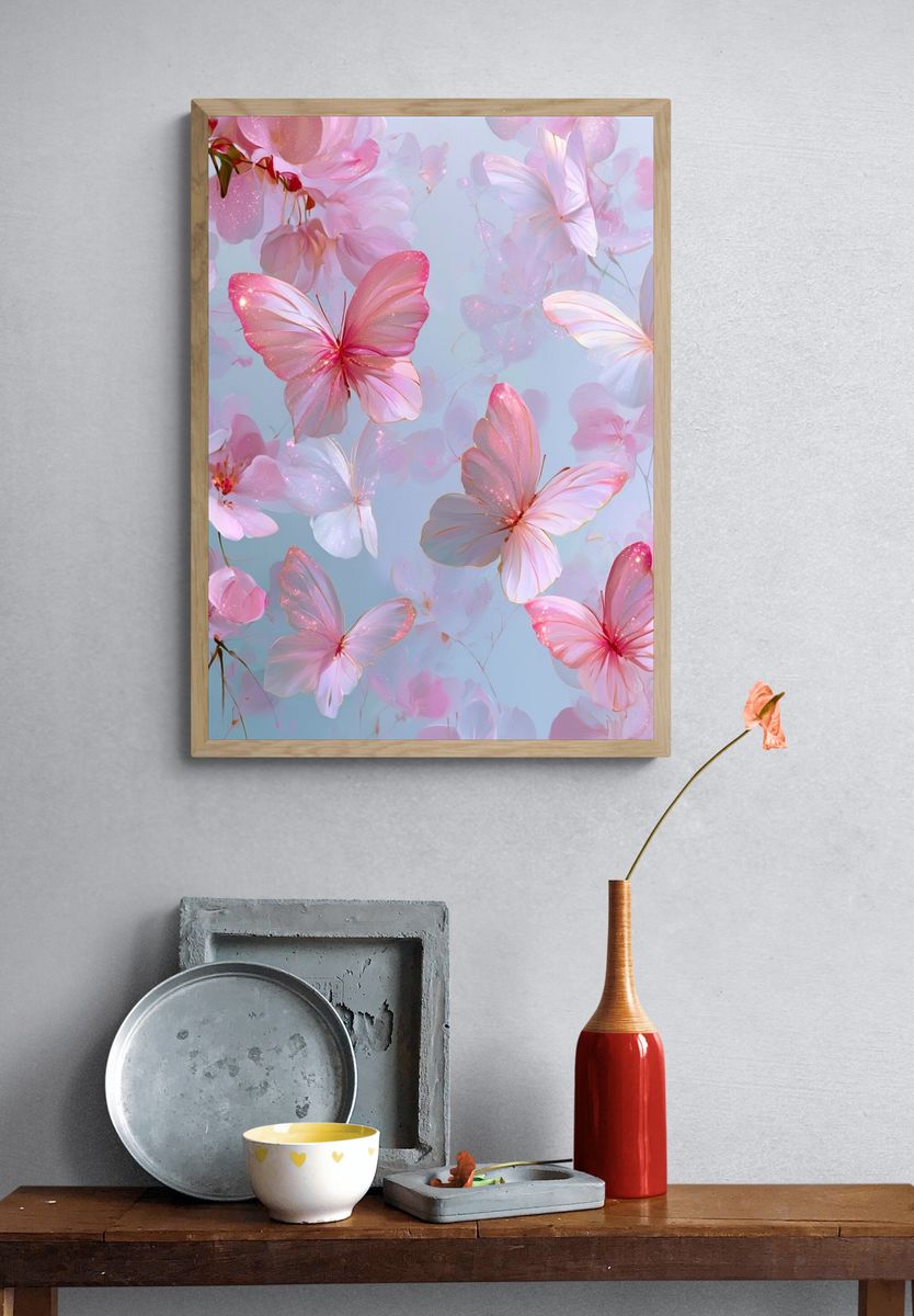 Pink Butterfly Blossom Illustration Poster. — room view 3