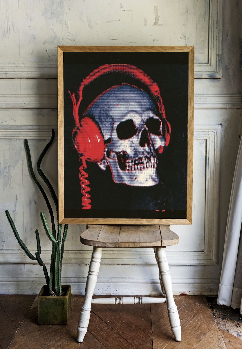 Skull with Headphones — Dark Print. room preview