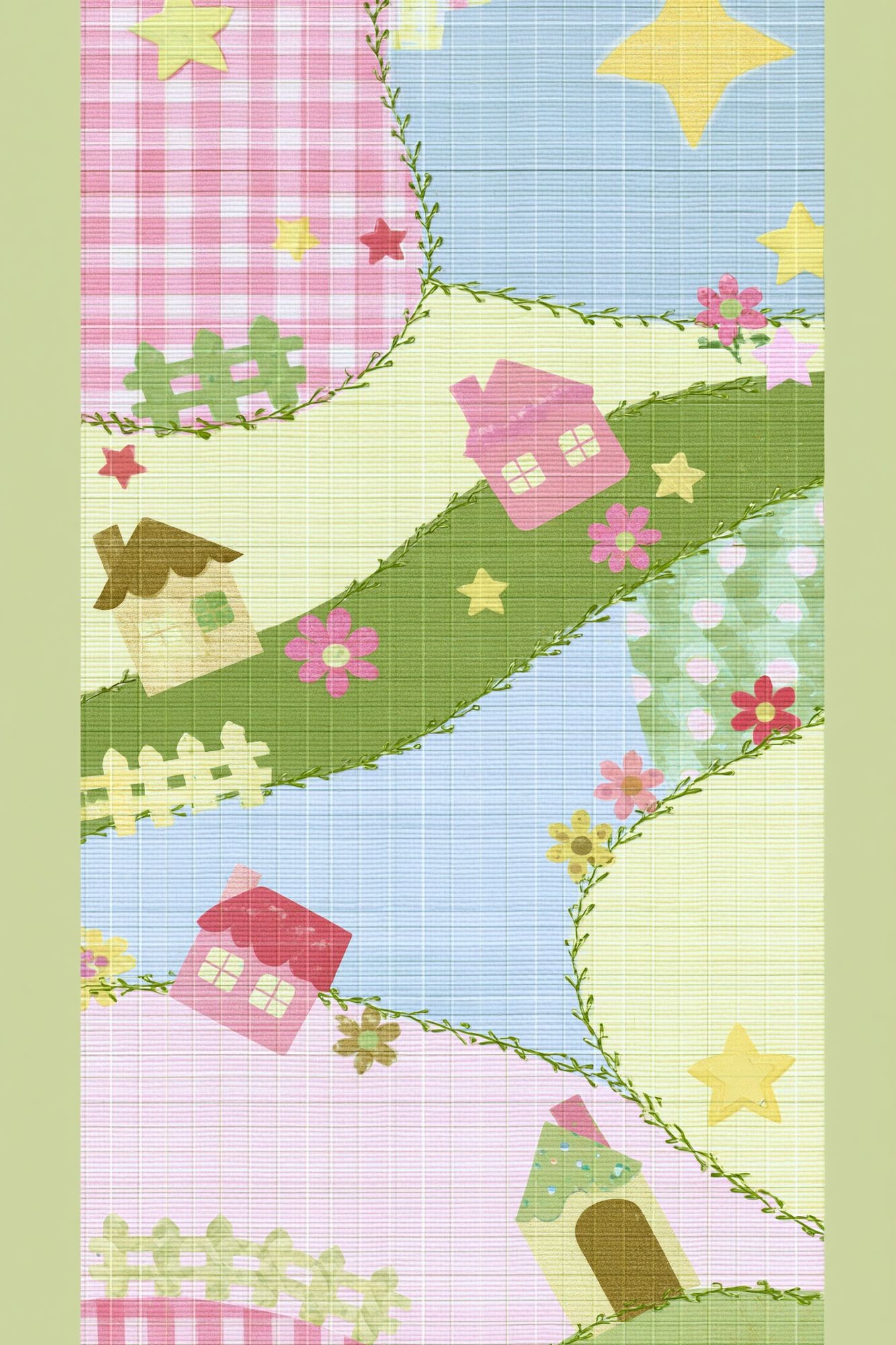 Pastel Patchwork Village Print. poster — illustration art