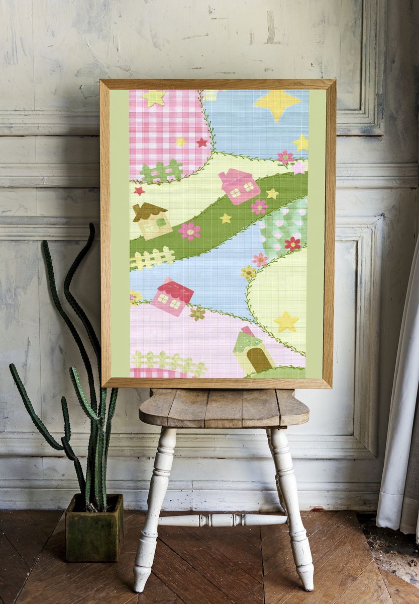 Pastel Patchwork Village Print. — room view 1