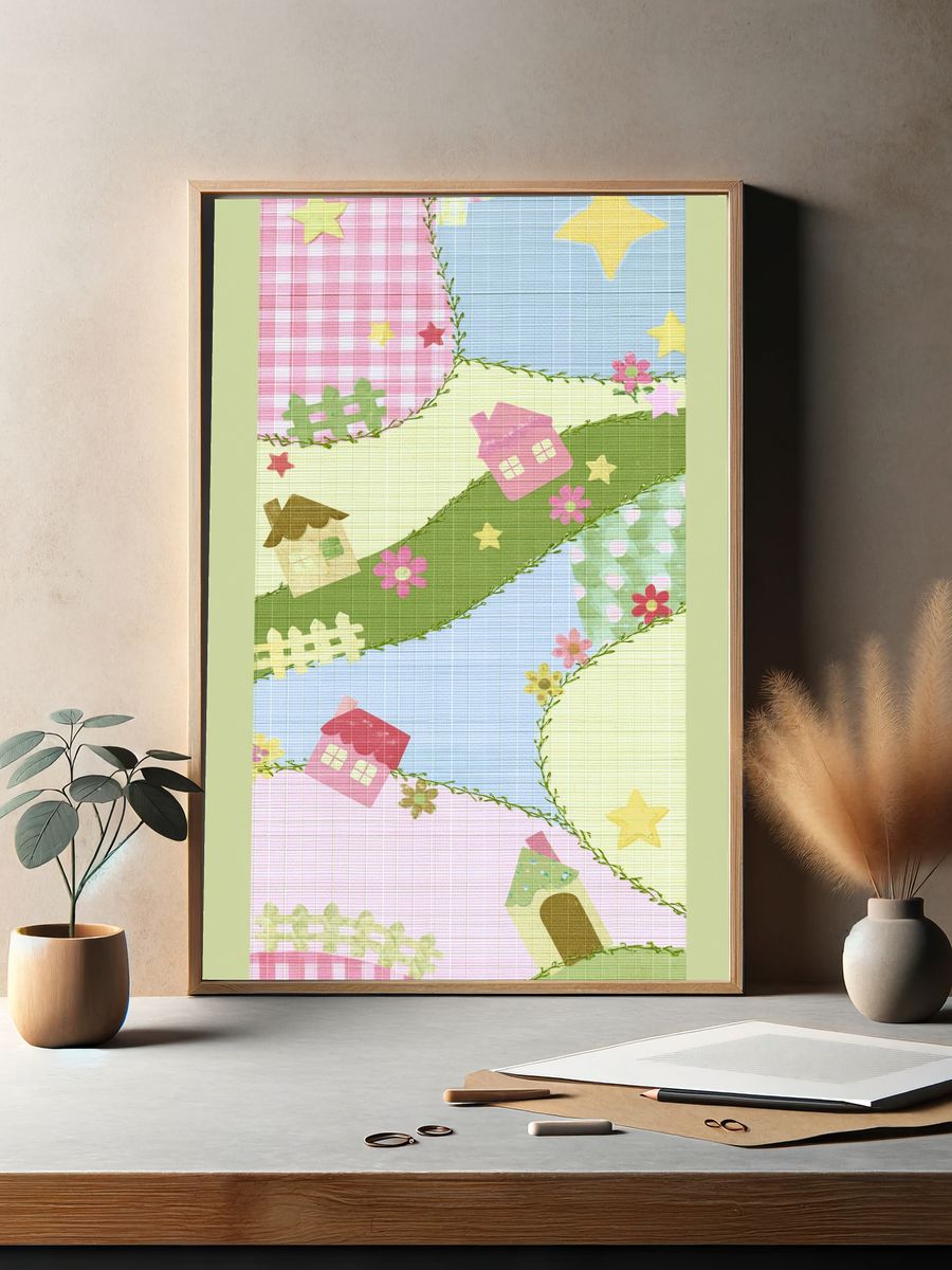 Pastel Patchwork Village Print. — room view 2