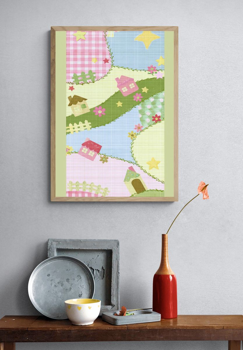 Pastel Patchwork Village Print. — room view 3