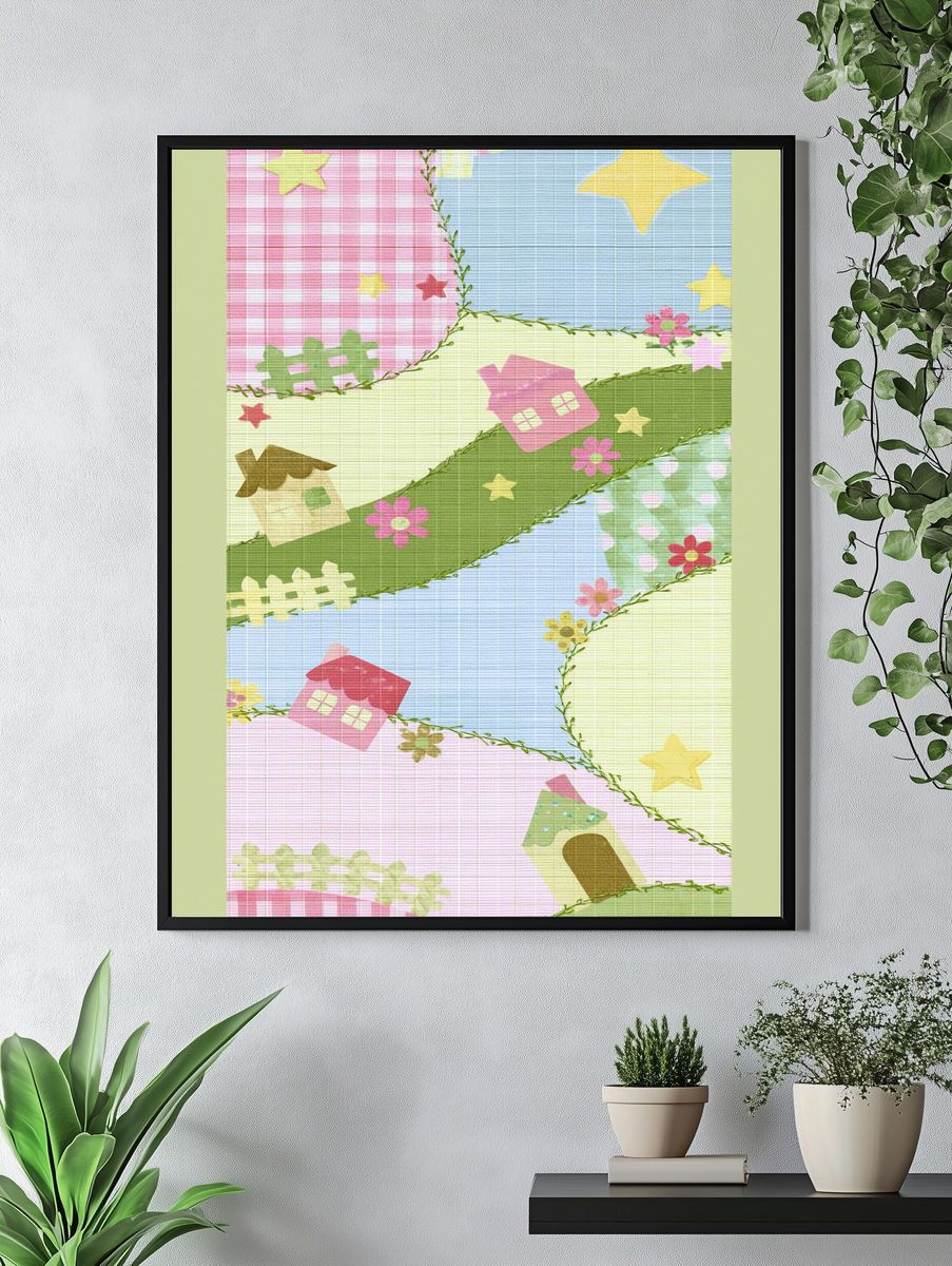 Pastel Patchwork Village Print. — room view 4