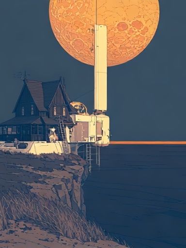 Moonlit Cliff House Illustration Poster. poster detail