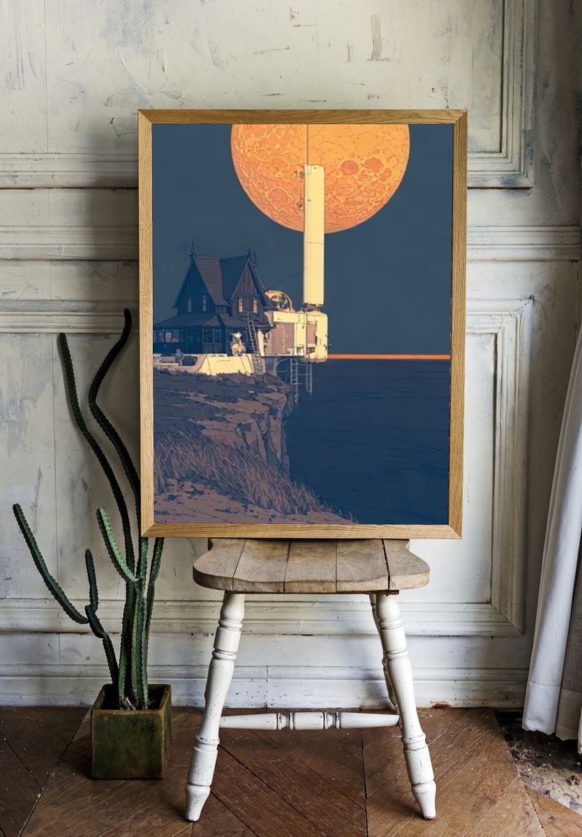 Moonlit Cliff House Illustration Poster. — room view 1