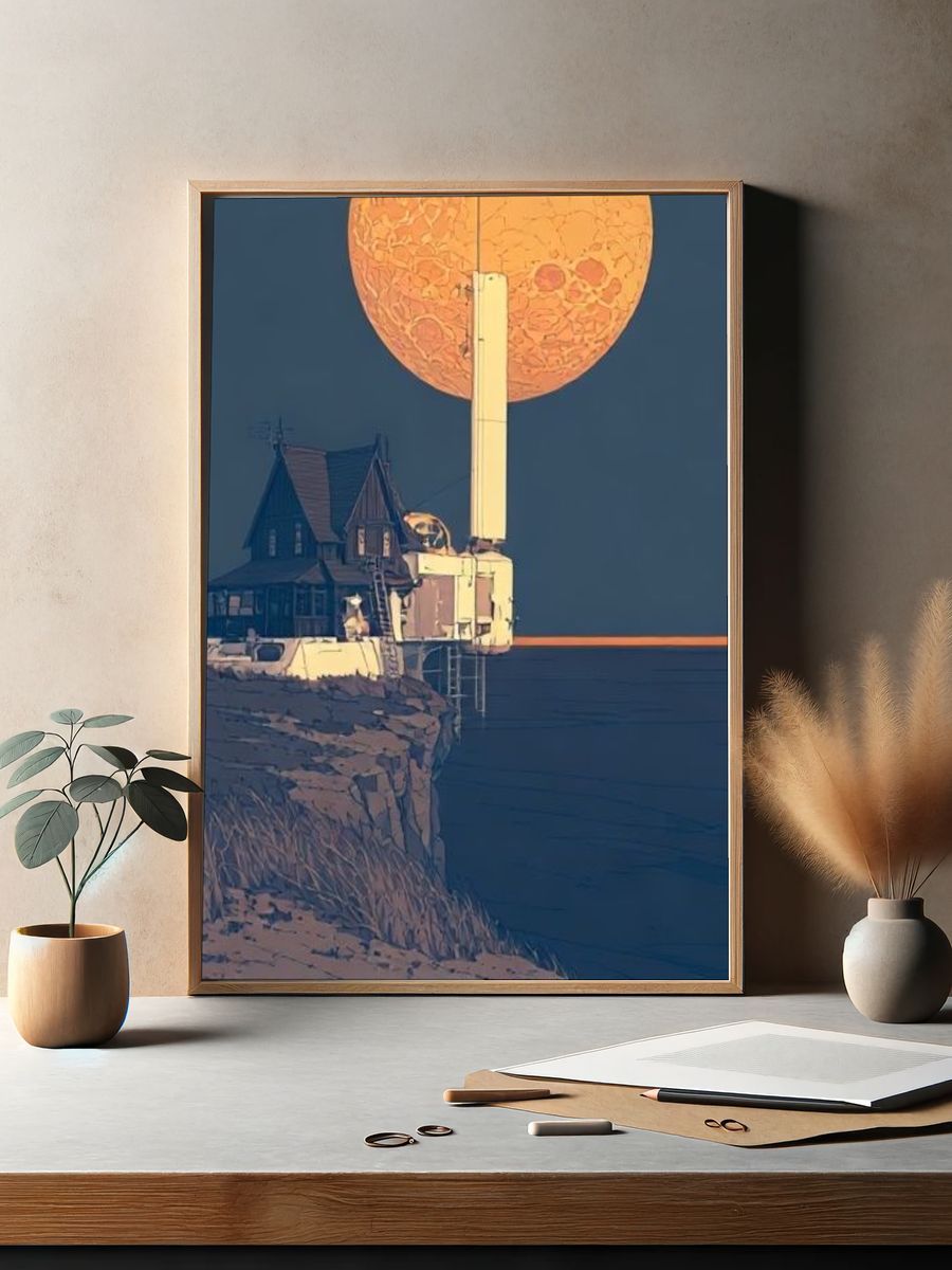 Moonlit Cliff House Illustration Poster. — room view 2